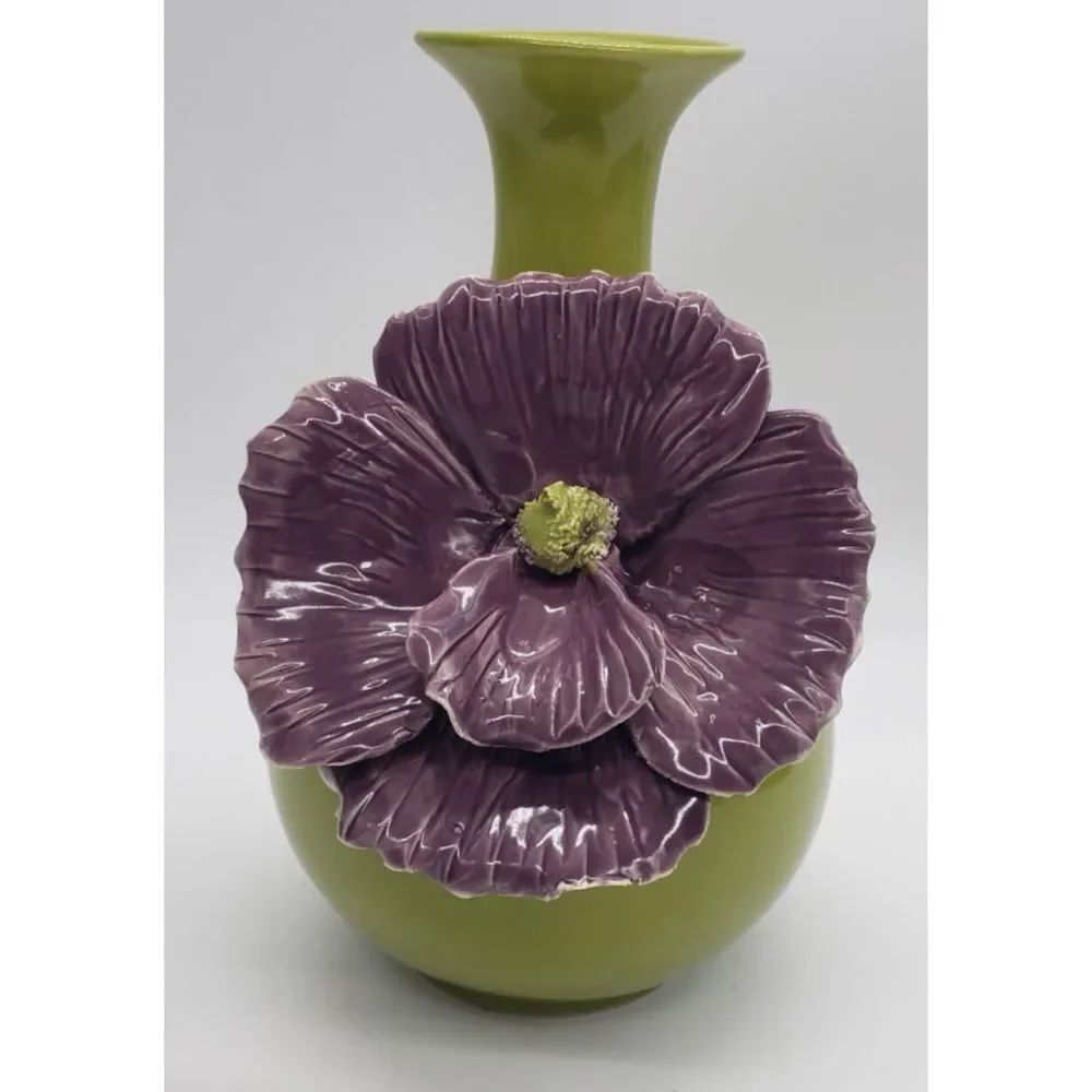 Anthropologie Rose of Sharon Grand Purple Flower On Olive Green Vase 9”x6”~ New - Picture 3 of 8